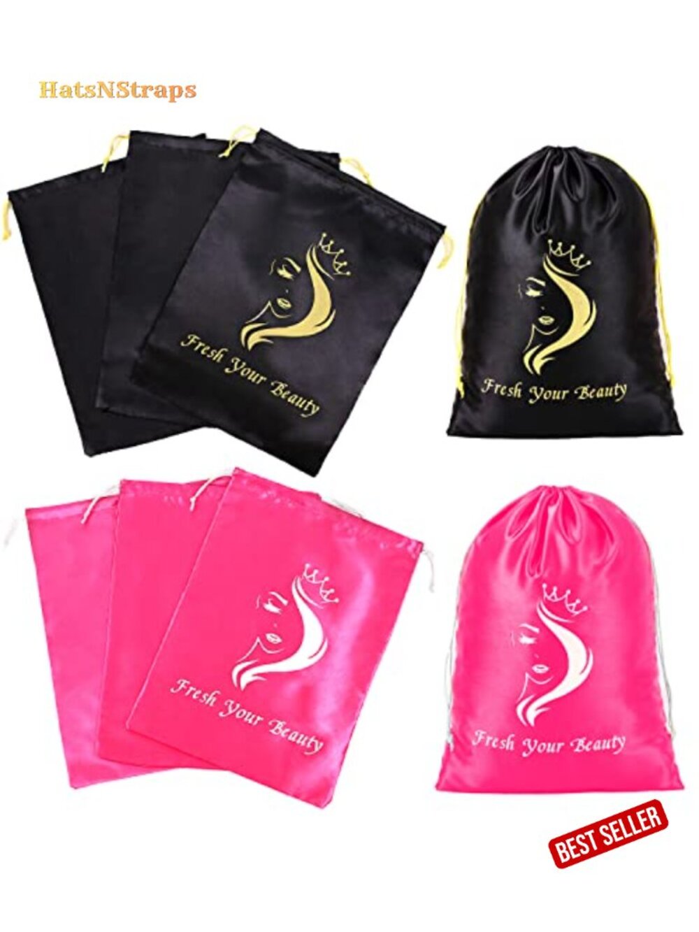 6 Satin Drawstring Wig Storage Bags Black and Pink, Travel Hair Accessory